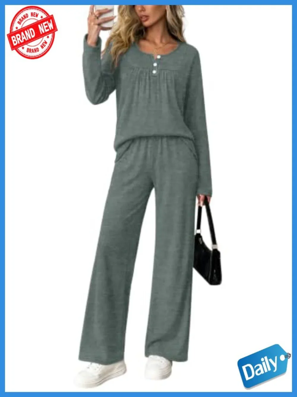 Cozy Lounge Sets 2 Piece Fall Outfits Henley Tops Wide Leg Pants Soft Brushed